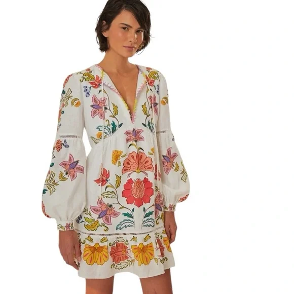 FARM Rio | Dresses | Farm Rio Long Sleeve Floral Mini Dress Size Medium  Floral Insects Off White | Poshmark